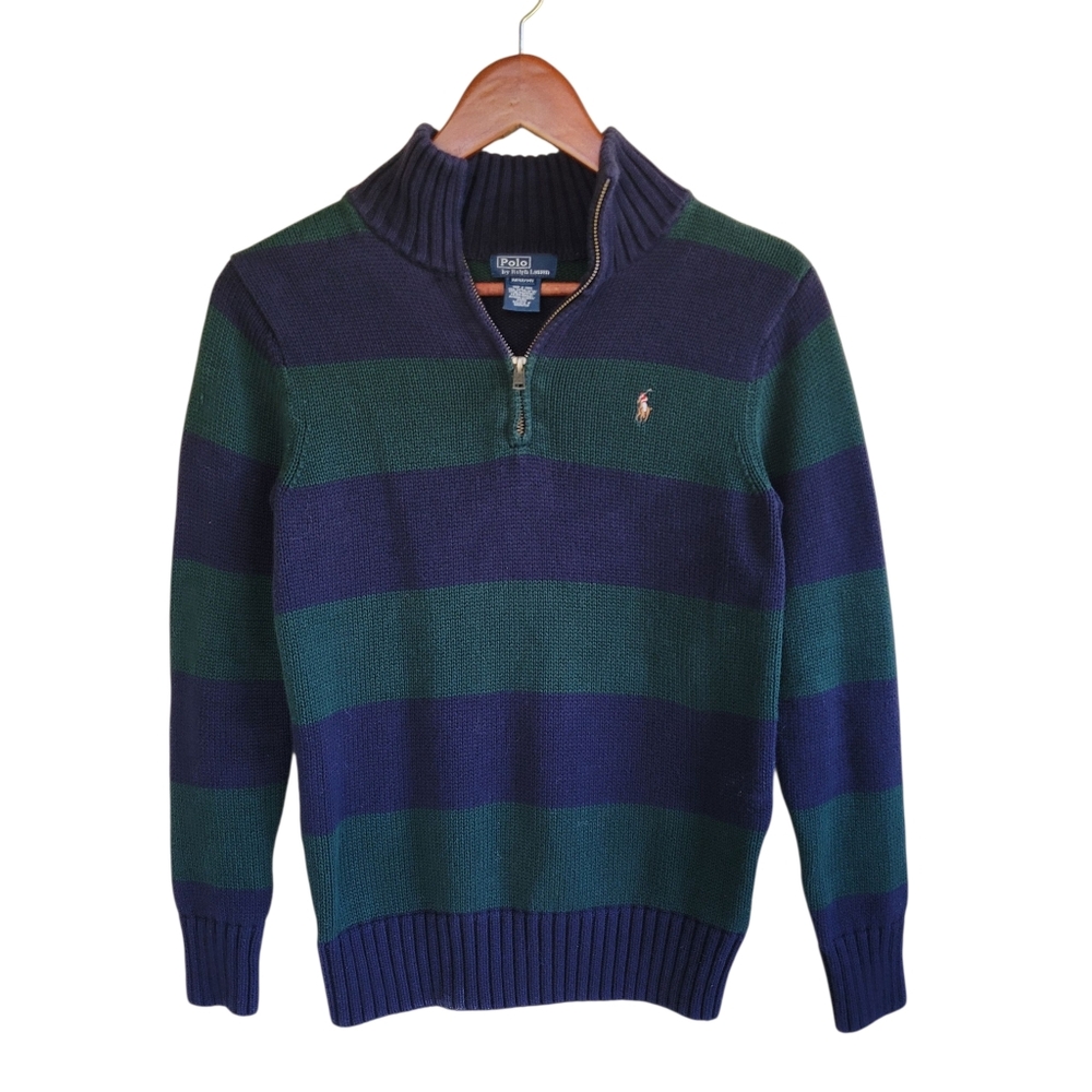 Polo Ralph Lauren Striped Rugby Polo 1/4 Zip Sweater Blue Green Boys M 10-12